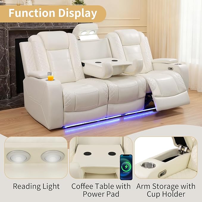 Caberryne Power Recliner Sofa with LED Lights,Leather Reclining Couch with Double Recliner/USB Port/Coffee Table/Cup Holder for House/Home Theater(3 Seater Sofa,Creamy)