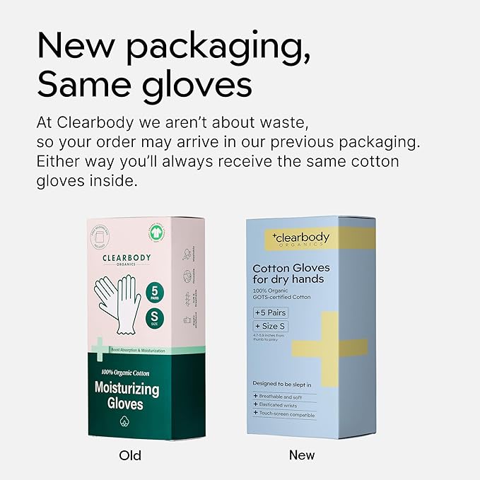 Clearbody Organics 100% Organic Cotton Gloves - 5 Pairs 10 Pc, Small, White - Moisture Lock & Moisturizing Gloves Overnight - Versatile Cotton Hand Liners