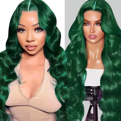 haha 13x6 Lace Front Green Human Hair Blend Wig Body Wave Dark Green Wig Human Hair Transparent HD Lace Frontal 13x6 Glueless Pre Plucked With Baby Hair 180% Density 24 Inch