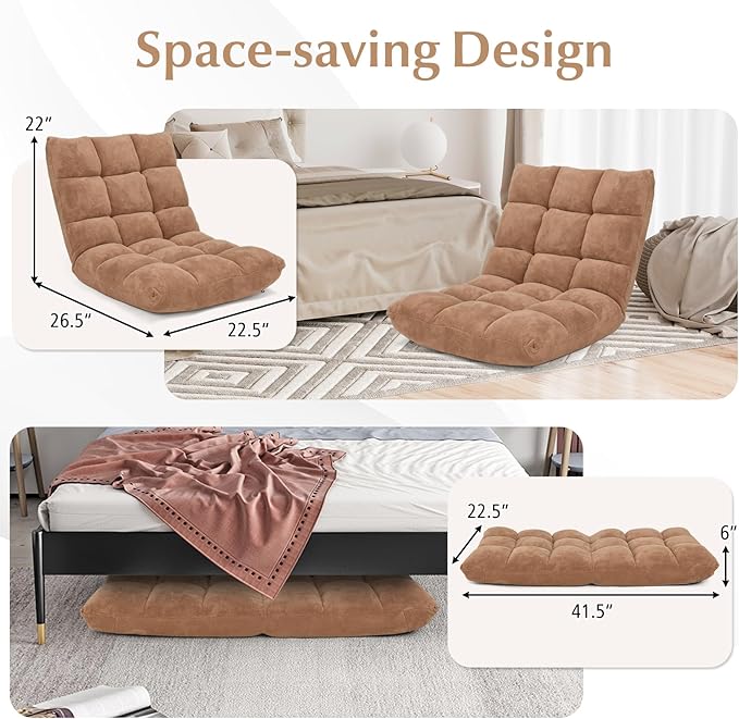 Folding Floor Chair w/Back Support, 14-Position Adjustable Lazy Sofa Chair w/Coral Velvet Fabric & Alloy Steel Frame, Portable Meditation Chair for Reading, Gaming,Sleeping (Beige)