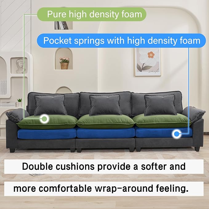 Oprisen 120" Modular Sectional Sofa, Comfy Cloud Couch Sectional Sofa, Velvet Sofa Sleeper Deep Seat Sofa with Throw Pillows for Living Room (Blue Gray, 120"- 3 Seater)