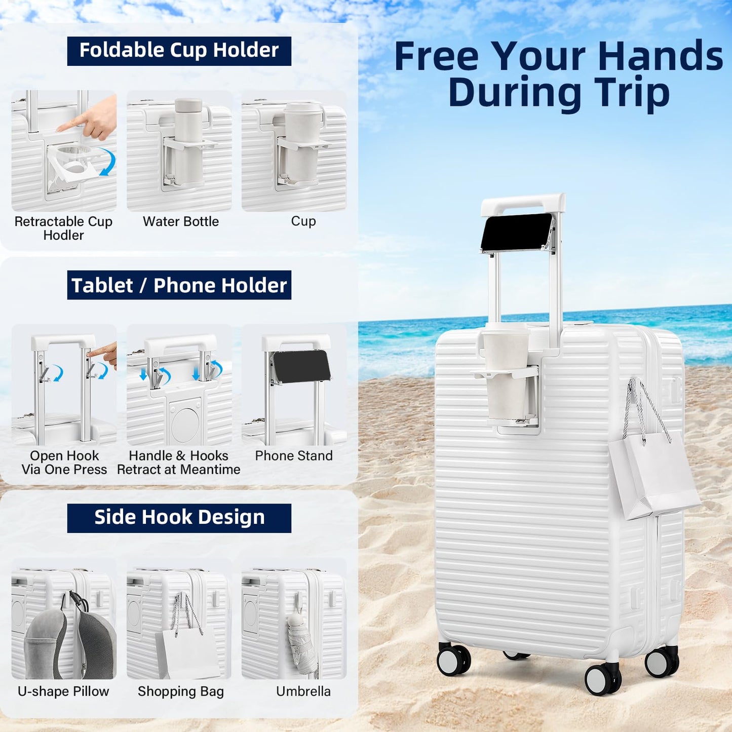 HanTrip Hard Shell Suitcases 24 Inch Check in Luggage with Spinner Wheels Cup Holder, Lightweight Top Opening Expandable Luggage Hard Case Rolling Medium Checked Suitcase with Lock, White