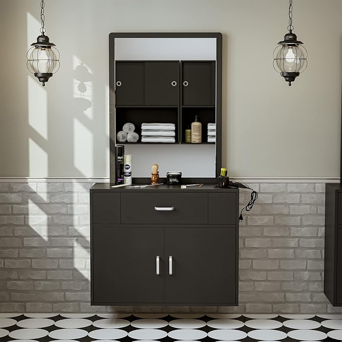 Wall Mount Salon Station Barber Stations Styling Station with Mirror Drawer Storage Cabinet Spa Salon Equipment(Black)