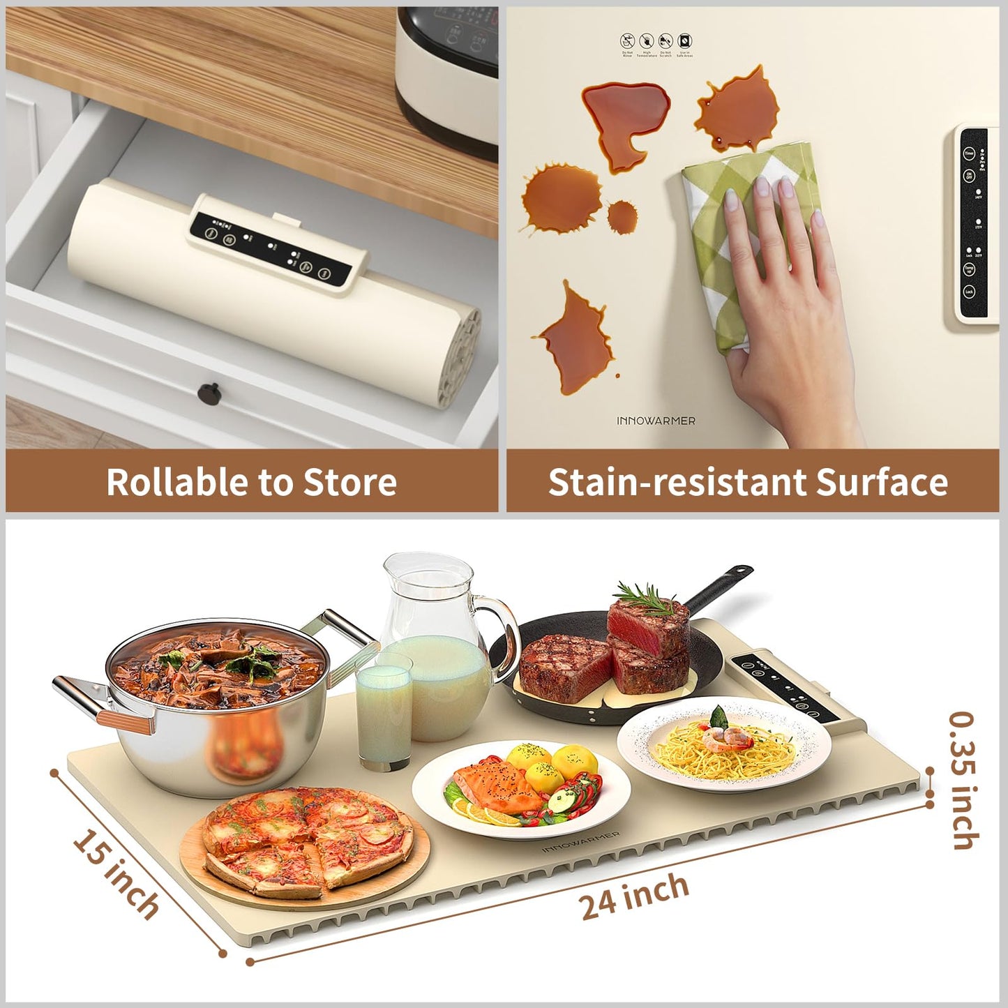 Electric Food Warming Mat: Silicone Food Warmer for Parties Buffet, Portable Fast Heating Pads for Food, Pizza Coffee Tea Heater Meat Defrosting Tray Adjustable Temperature (White)