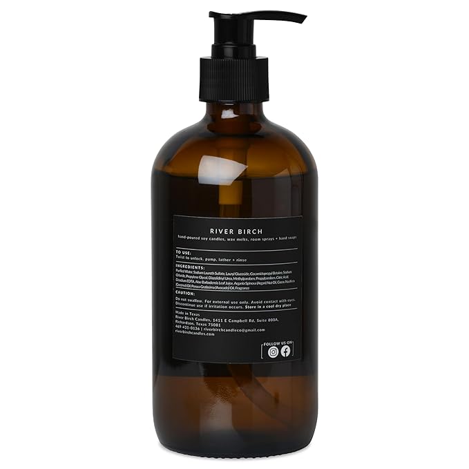 River Birch Lemon Scented Natural Hand Soap - Handmade Soap - Moisturizing Hand Wash with Amber Glass Dispenser - Luxury Scented Hydrating Hand Soap - Vegan and Non-Toxic - 16 Fl Oz