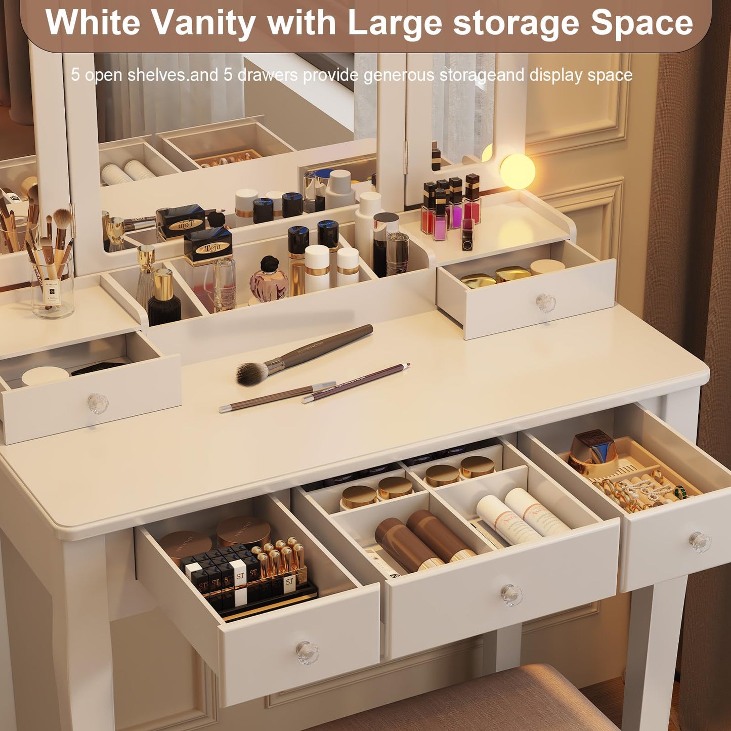 HIULOG Vanity Desk with Mirror and Lights, Vanity with Stool,5 Drawers and Cabinets White Vanity Mirror with LED Lights Vanity Desk and Chair for Bedroom