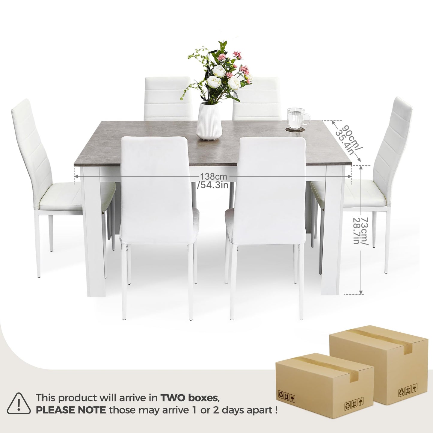 Mondeer Dining Table and Chairs Set 6, 7 Pieces Kitchen Table Set with High Back Faux Leather Chair for Dining Room Kitchen Rectangular Modern (Grey Table White Chairs)