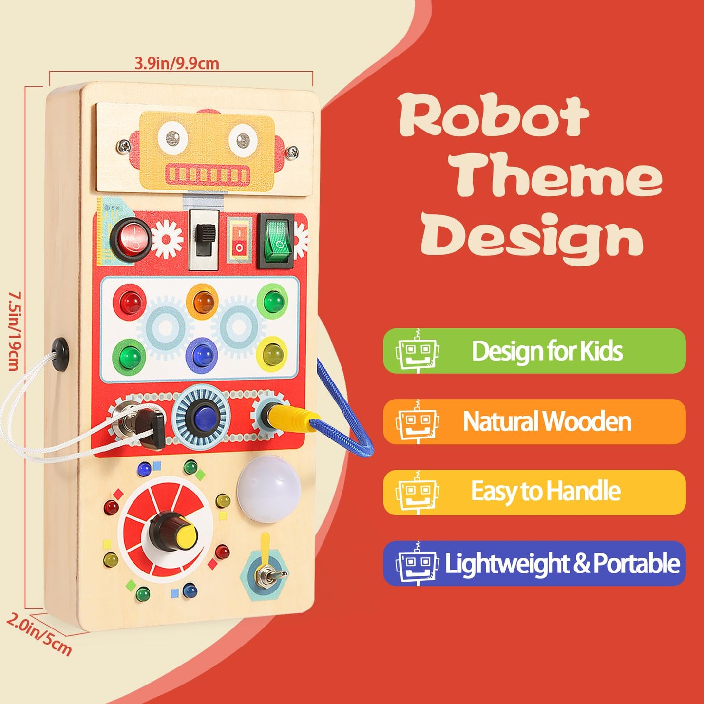 Asweets Montessori Wooden Busy Board Toy for Toddler, Red Robot Sensory Board with 8 LED Shape Light Switches, Travel & Gift Toys for Kids, 3.9''L x 2.0''W x 7.5''H