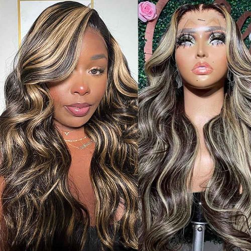 PDTBO Ombre Lace Front Wig Human Hair Pre Plucked 24 Inch Body Wave 1B/27 Highlight Lace Front Wig Human Hair 180% Density Colored 13x4 HD Lace Frontal Glueless Wigs For Black Women