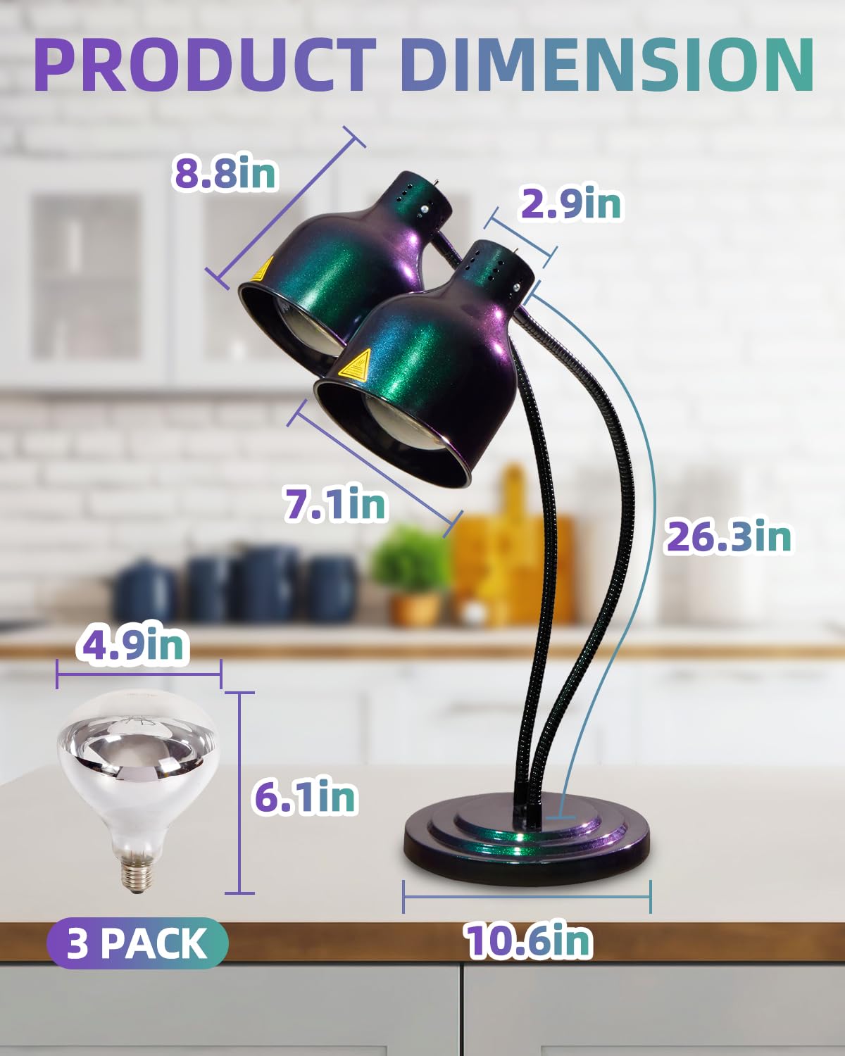 RVGMBO Food Heat Lamp - [3 Bulbs Included] [Rapid-Heating], 500W Commercial Food Warmer Light, Heat Lamp for Food Catering Warming Lamp for Buffet Parties, Green-Purple Gradient