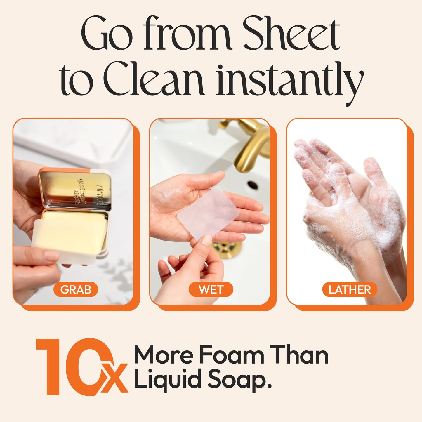 FOMIN - Antibacterial Paper Soap Sheets Tin for Traveling - (100 Sheets) Orange Portable Travel Hand Soap Sheets, Dissolvable Mi
