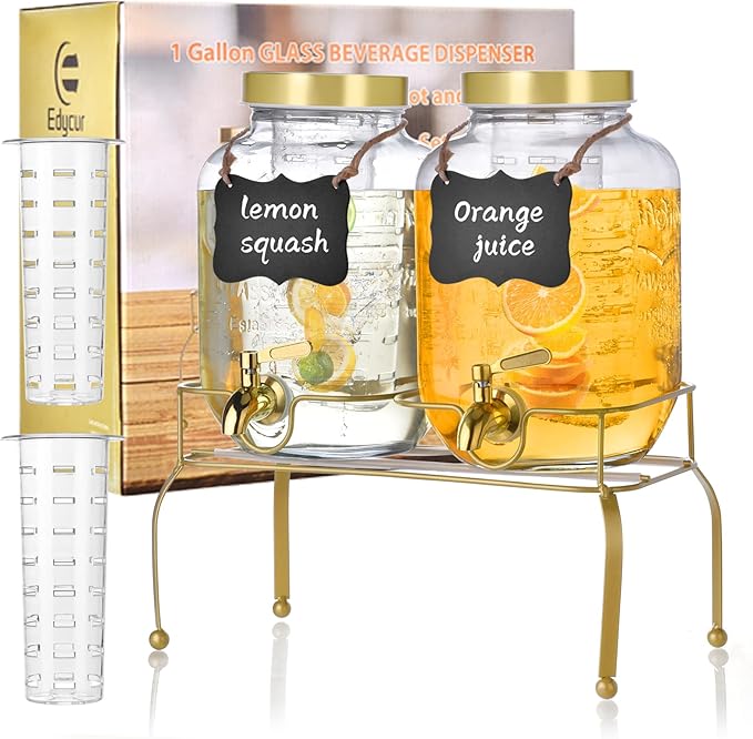 1 Gallon Glass Drink Dispenser Set of 2 – Drink Dispensers for Parties, Beverage Dispenser with Stand & 100% Leakproof Spi...