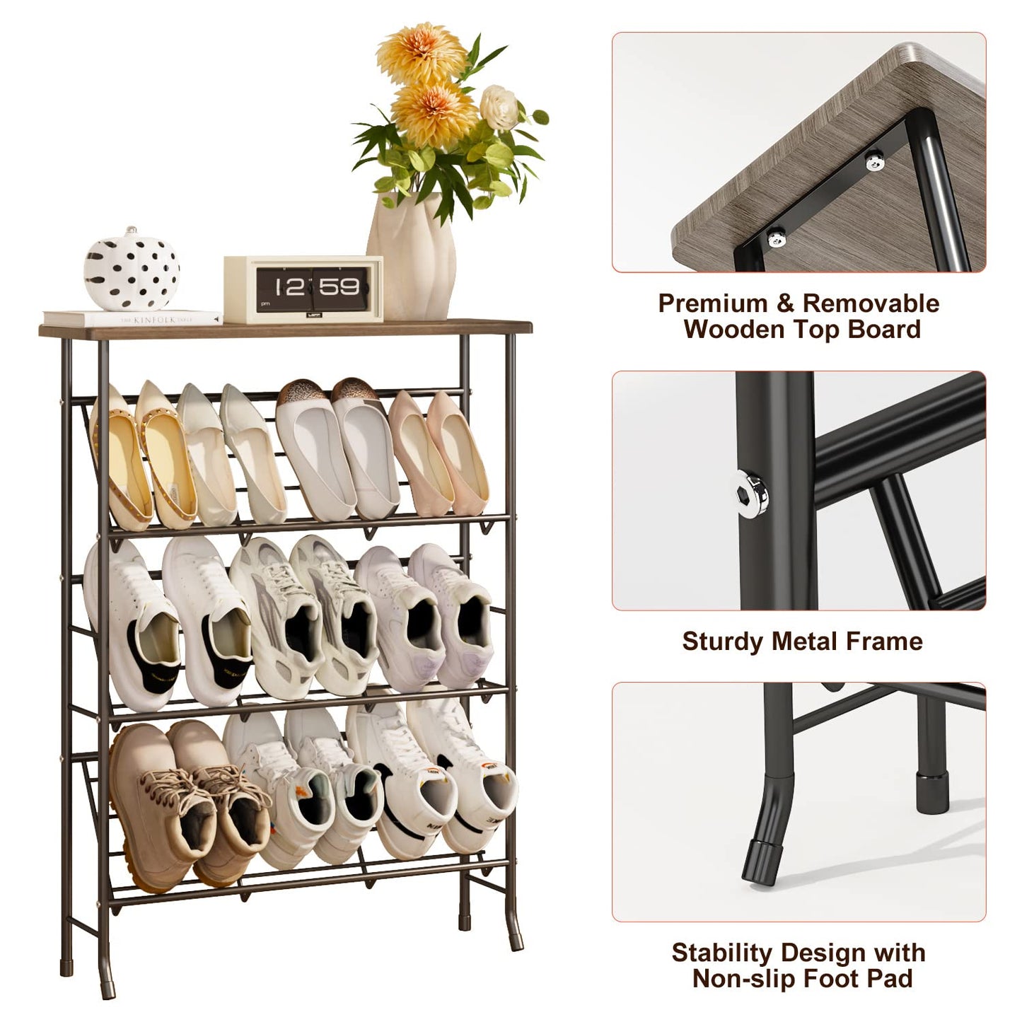 JZM Shoe Rack Storage, Narrow 4 Tier Metal Shoe Storage Shelf, Free Standing Shoe Racks, Space Saving Shoe Rack Organizer for Entryway, Hallway, Bedroom, Living Room(12-16 Pair)