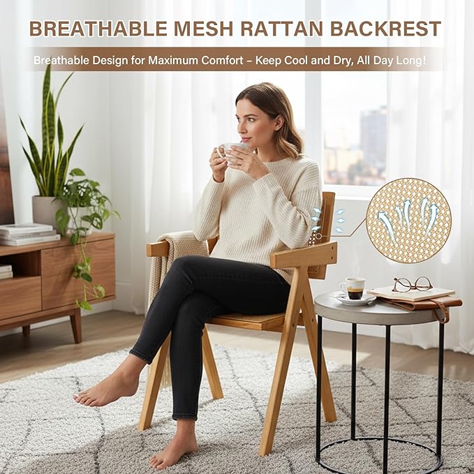 Furlide Rattan Dining Chairs Set of 4, Modern Mid Century Accent Chairs, Comfy Armchairs, Outdoor Rattan Chairs with Armrest for Bedroom Living Room Reading Room Dining Kitchen