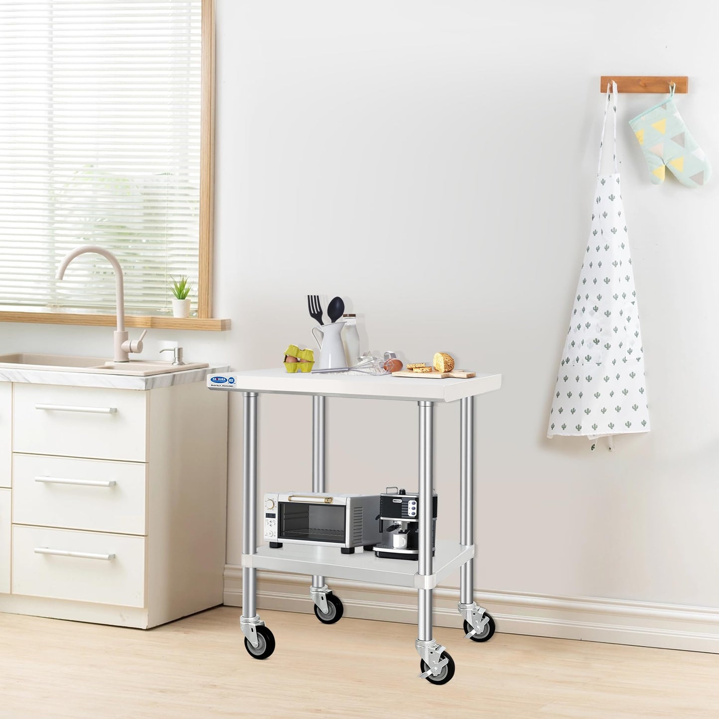 HARDURA Stainless Steel Table with Wheels 24 x 36 Inches Kitchen Prep Table Heavy Duty Stainless Steel Workbench with Aluminium Corner Undershelf NSF 304 Metel Table for Commercial Restaurant
