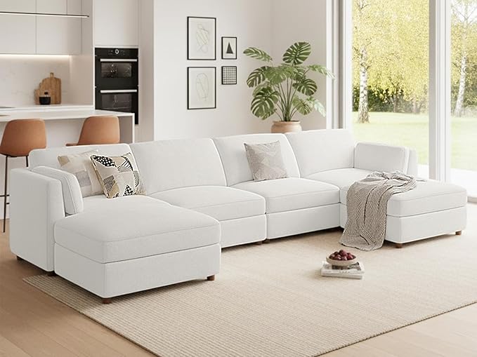 CUGOAO 153.4'' Modular Sectional Sofa, Oversized U-Shaped Sectional Couch with Ottoman, Deep Seat Chenille Cloud Couch, Mordern Upholstered Couches for Living Room, Apartment, Office, Beige
