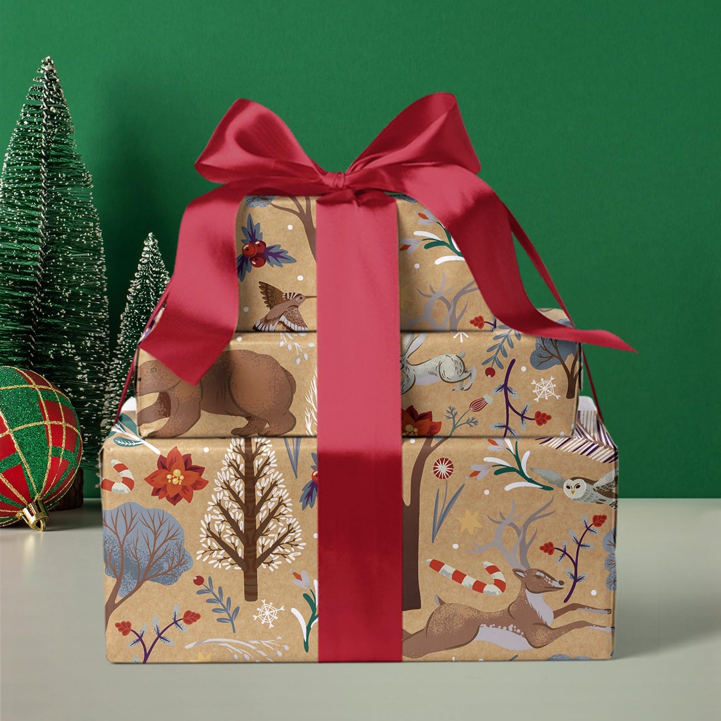 WRAPAHOLIC 30 Inch Jumbo Kraft Christmas Wrapping Paper - 30 Inch x 33 Feet - Christmas Animal Wrapping Paper and Tree Elements for Holiday, Party Celebration