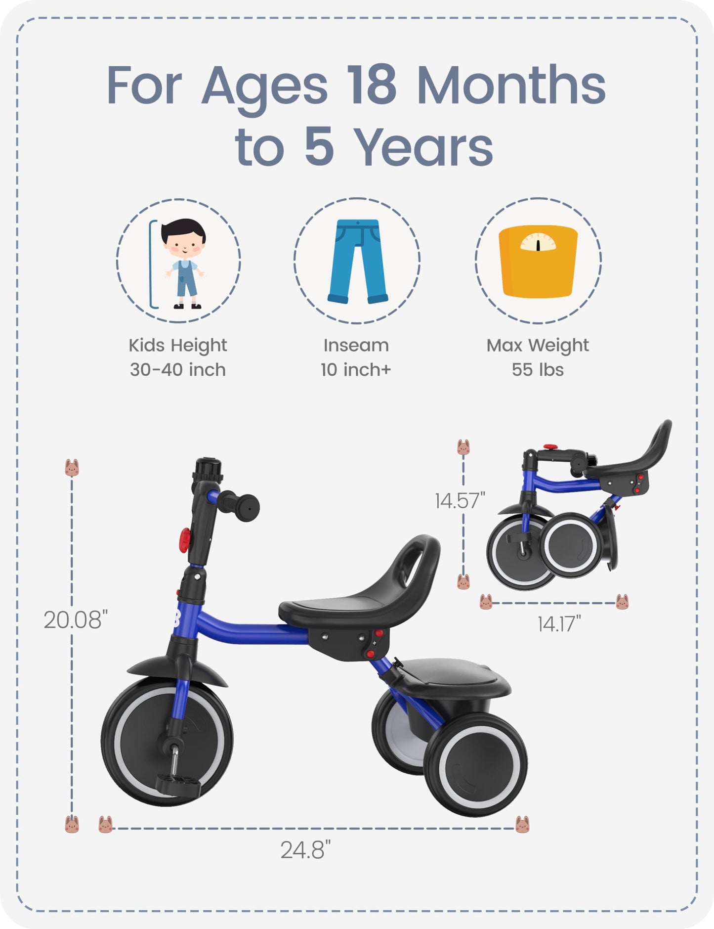 besrey Toddler Tricycle with Bell, Kids Tricycle Age 18 Months to 5 Years, Kids Trike, Toddler Bike for 1.5-5 Year Olds, Baby Trike, Gifts & Toys for Boys & Girls, Blue