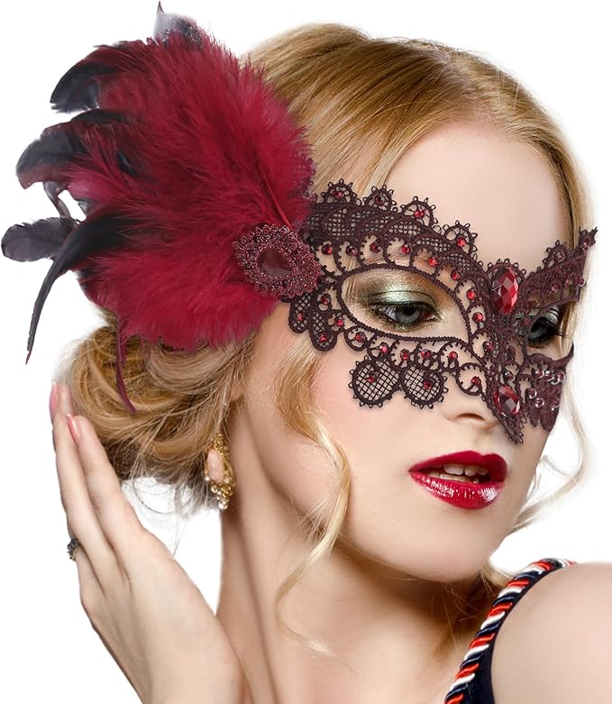 Zinniday Halloween Feather Masquerade Masks - 1920s 50s Antique Lace Venetian Mask for Women Renaissance Cosplay Party