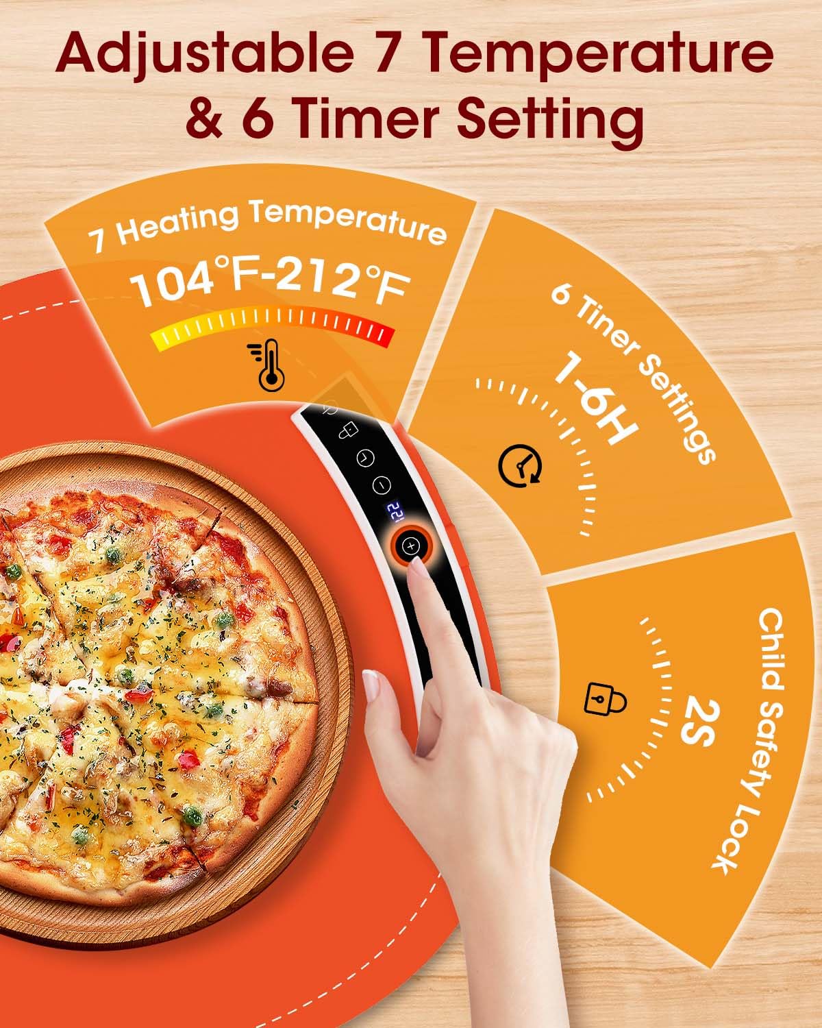 MQ Food Warming Mat, Electric Warming Tray with 7 Temp & 1-6H Timer to Keep Food Warm at Party, 5s Fast Heating Silicone Surface, Rollable & Portable Heating Pad for Food at Buffet and Family, Orange