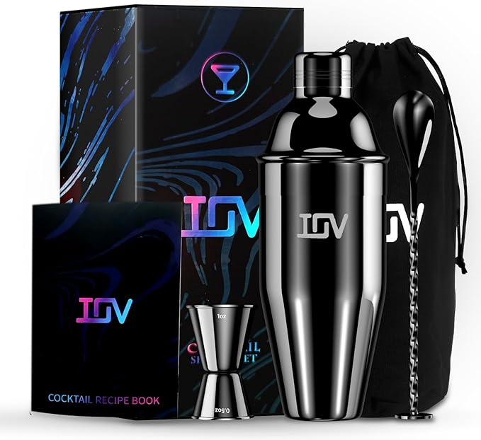 IOV Cocktail Shaker Bar Set, 24oz Martini Shaker with Built-in Strainer, Bar Tool Kit with Recipes Booklet, Professional S...