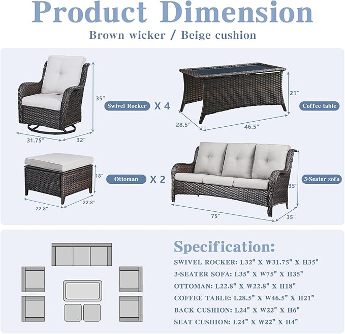 Belord Wicker Patio Furniture Sets - 8 Piece Outdoor Rattan Furniture Conversation Sets with 4 Swivel Rocker Chairs, Rattan Sofa, Wicker Ottomans and Coffee Table, Brown/Beige