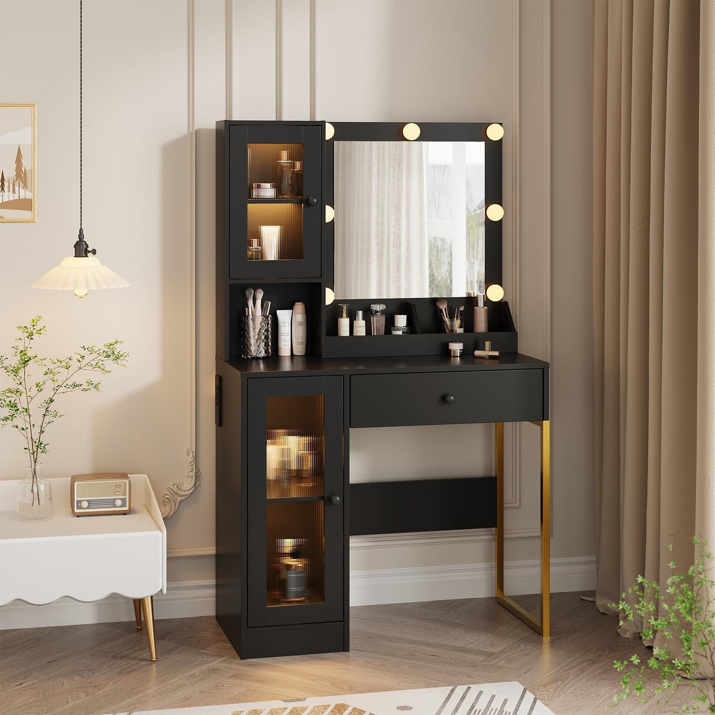 GarveeHome Makeup Vanity Desk with Mirror and Lights, Vanity Table with Charging Station, 2 Compartments, 2 Acrylic-Door Cabinets & RGB Lights, Dressing Table for Bedroom, Black Grain Finish