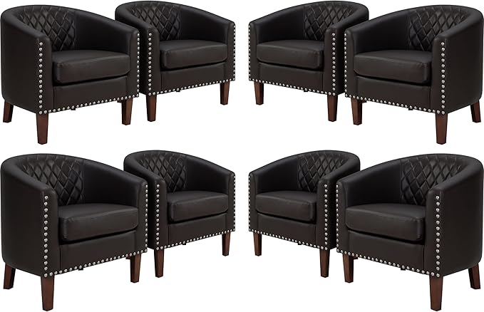 PrimeZone Barrel Chair, Comfy Accent Chair, Faux Leather Living Room Chairs Club Chairs with Cushion, Nailhead Trim and Diamond Mesh Backrest, Reading Chairs for Bedroom Waiting Room, 8PCS, Brown