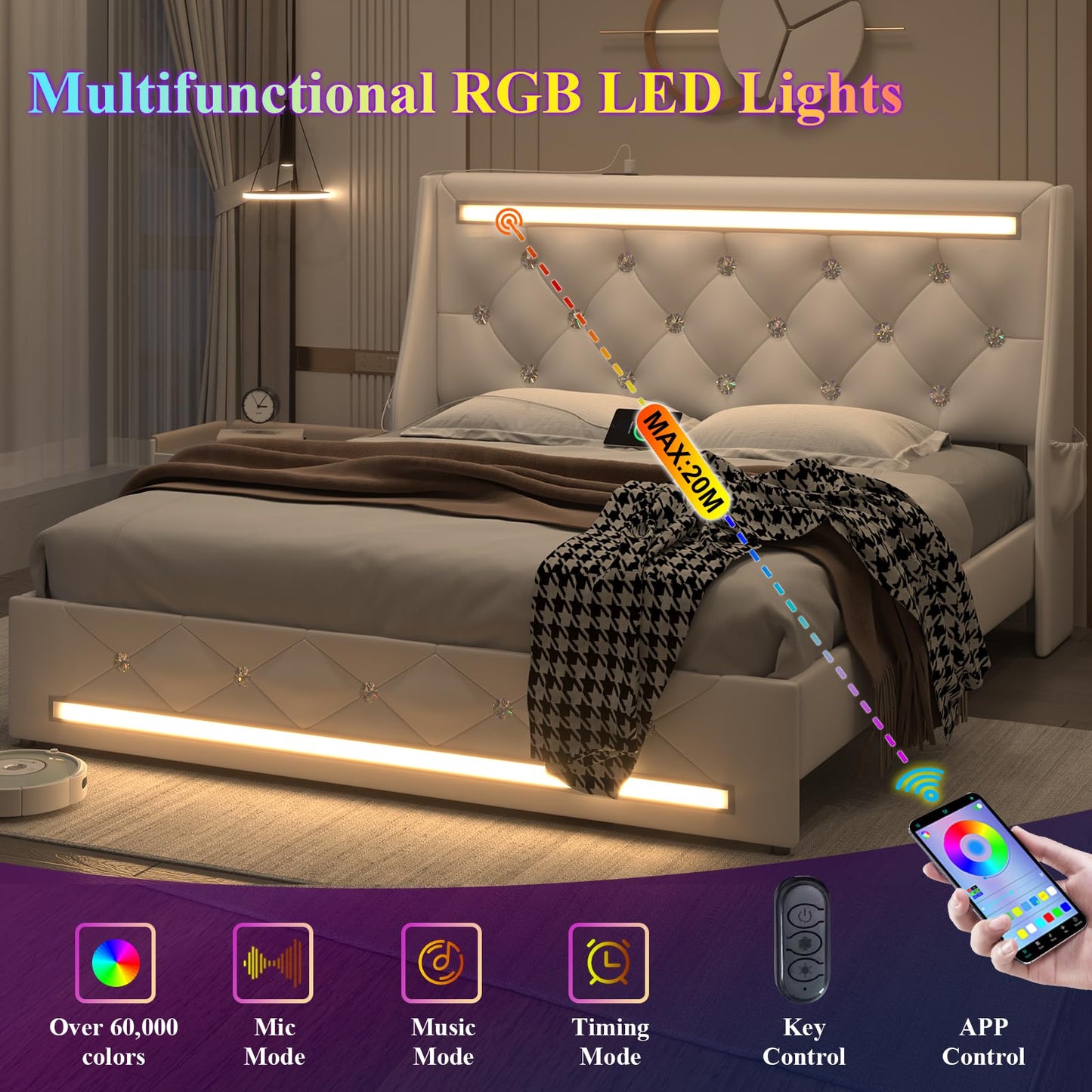 E-Motie Queen Bed Frame with LED Lights and Charging Station, Wingback Upholstered Diamond Tufted Storage Headboard, Noise-Free, Solid Wood Slats,No Box Spring Needed, Easy Assembly, White