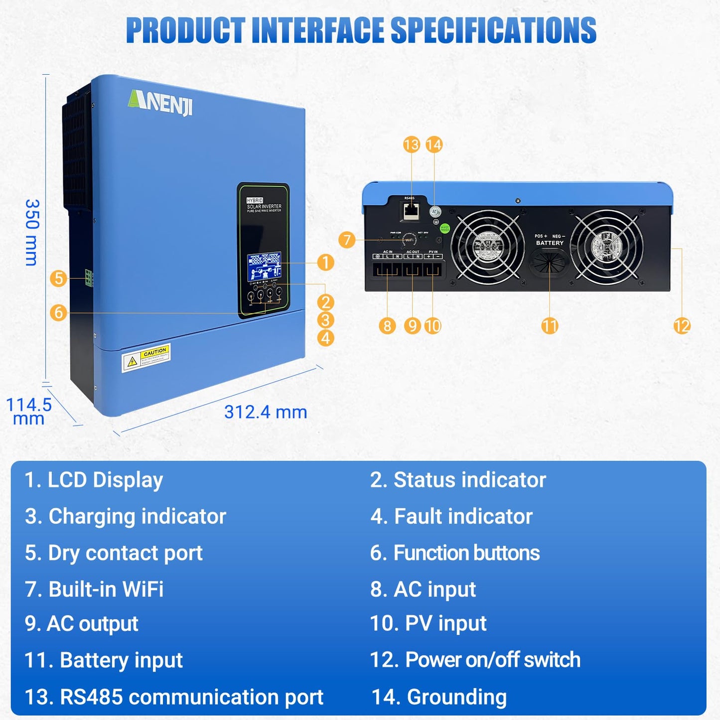 Hybrid Solar Inverter 3000W, 24Vdc to110Vac Off-Grid Inverter,100A MPPT Controller,Support Battery-Less or AGM Lithium Battery, Pure Sine Wave for Home Backup,Solar Systems