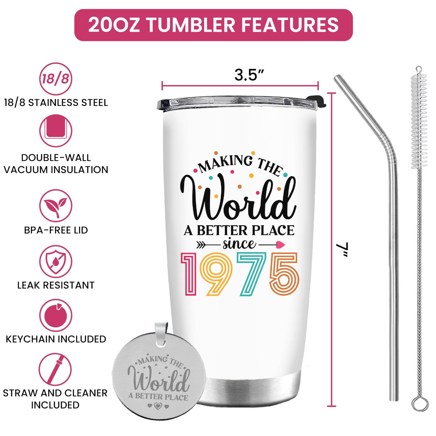 50th Birthday Gifts For Women, 1975 and Fabulous Gift For Her, Funny Present For 50 Year Old Lady, Turning 50 Fifty Idea Gift For Mom, Wife, Aunt, Sister - Better World Tumbler Cup 20oz with Keychain