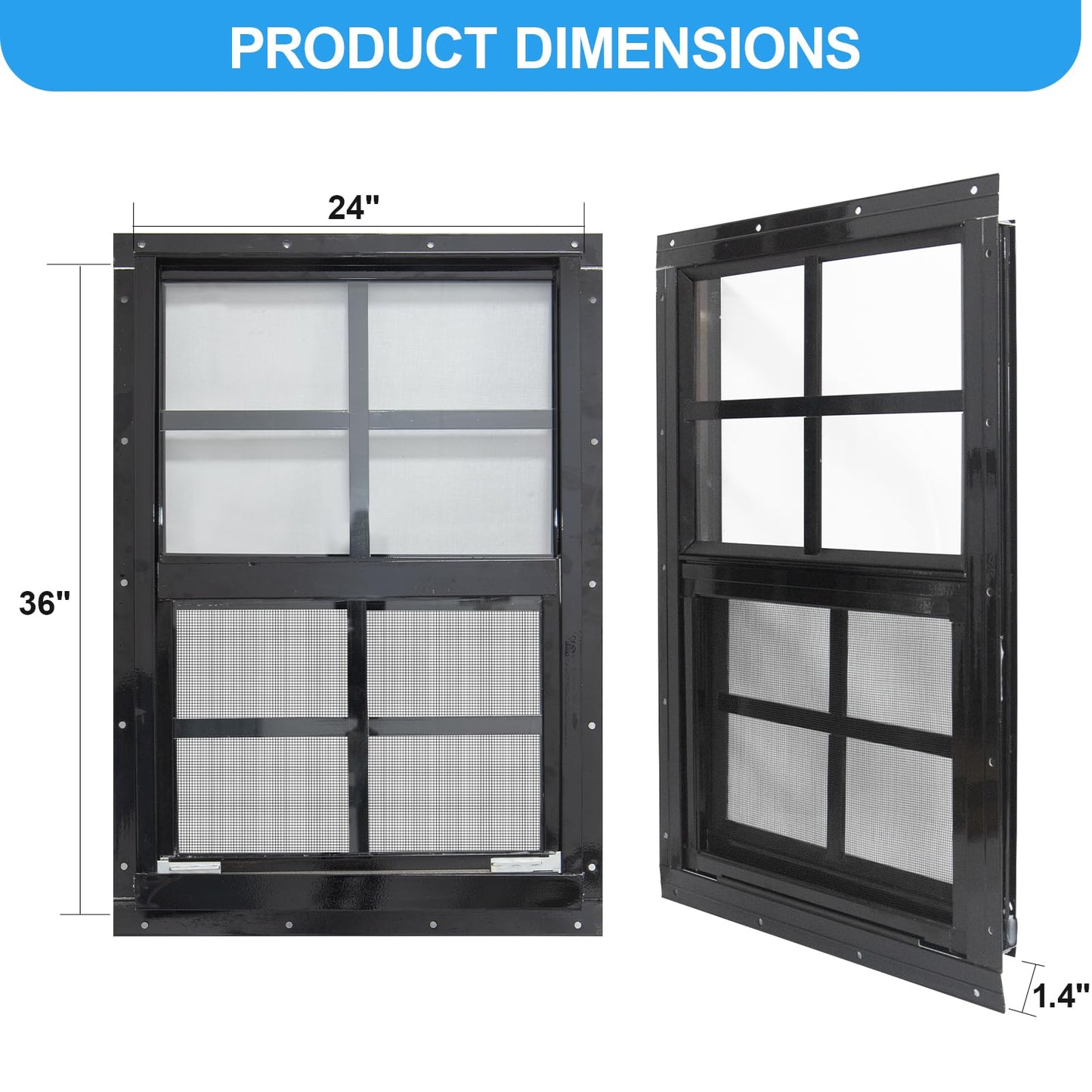 NeatiEase 2 Pack Shed Window with Black Frame, 24 x 36 Flush Mount Small Window with Tempered Glass and Fiberglass Screen for Shed, Chicken Coop, Playhouse, Household, Garage