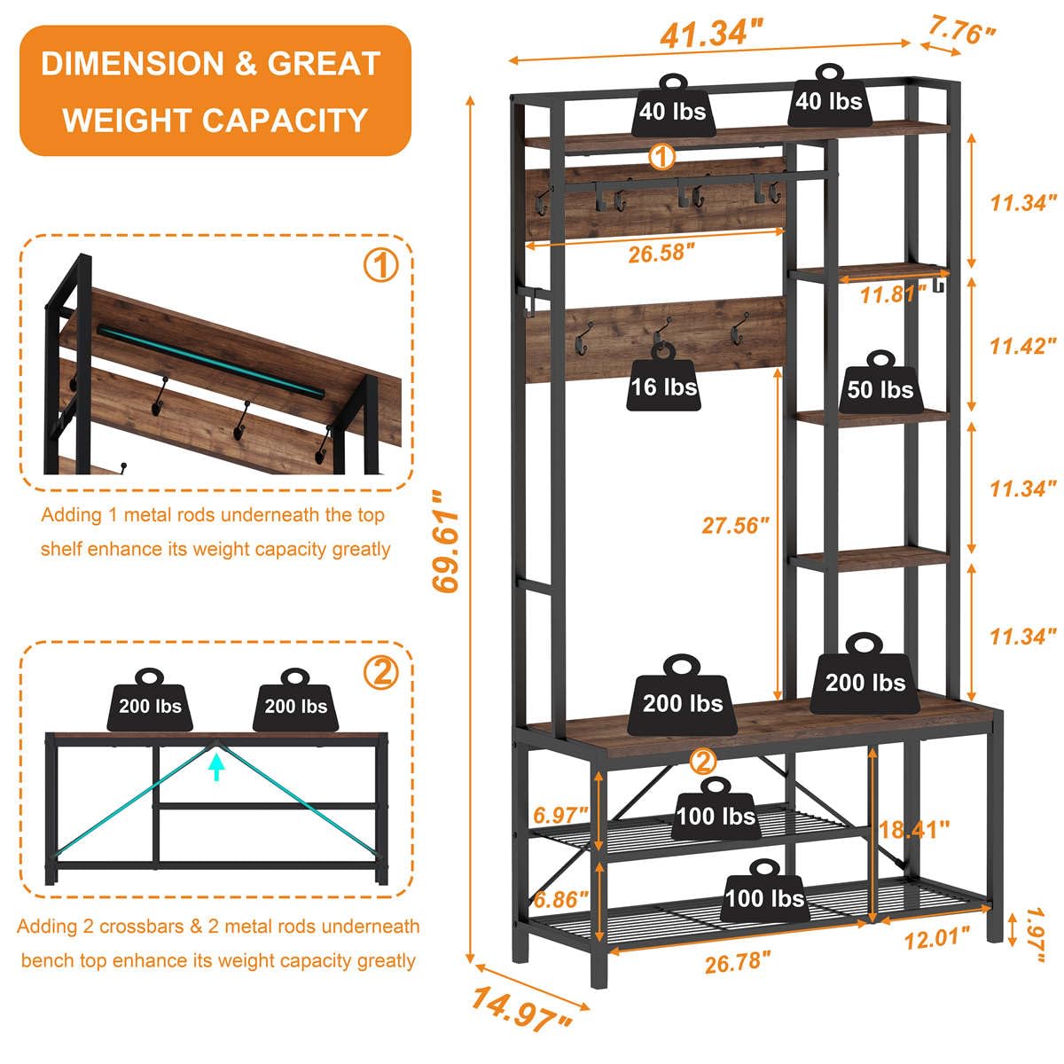 BON AUGURE Hall Tree with Shoe Storage, 5-in-1 Reversible Entryway Bench with Coat Hooks for Hallway, Rustic Wood and Metal Coat Rack with Shelves for Mudroom (Rustic Oak)