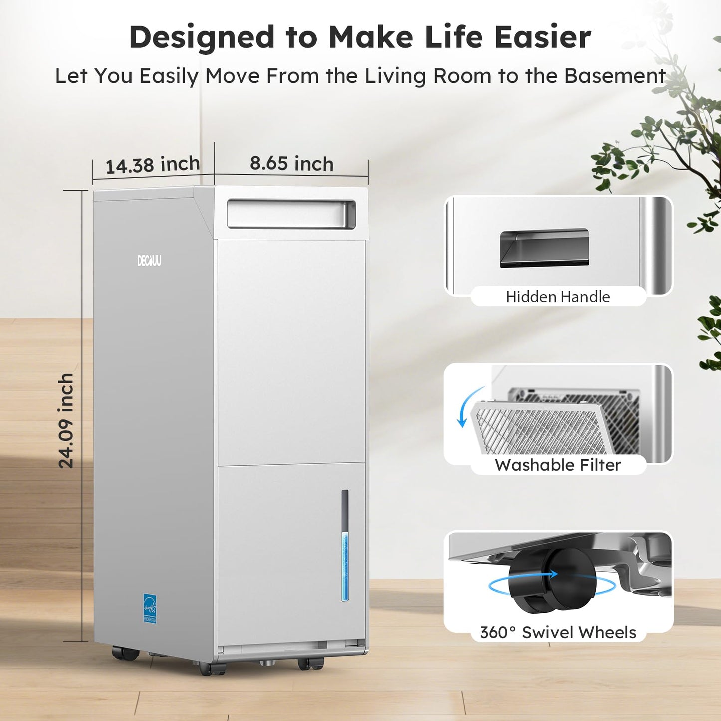 DECIUU 5000 Sq.Ft Energy Star Most Efficient 2024 Dehumidifier, Max 100 Pint Moisture Removal, Auto Defrost, Drain Hose, Smart Humidity Control for Basement, Home, Garage, Bathroom, Laundry Room