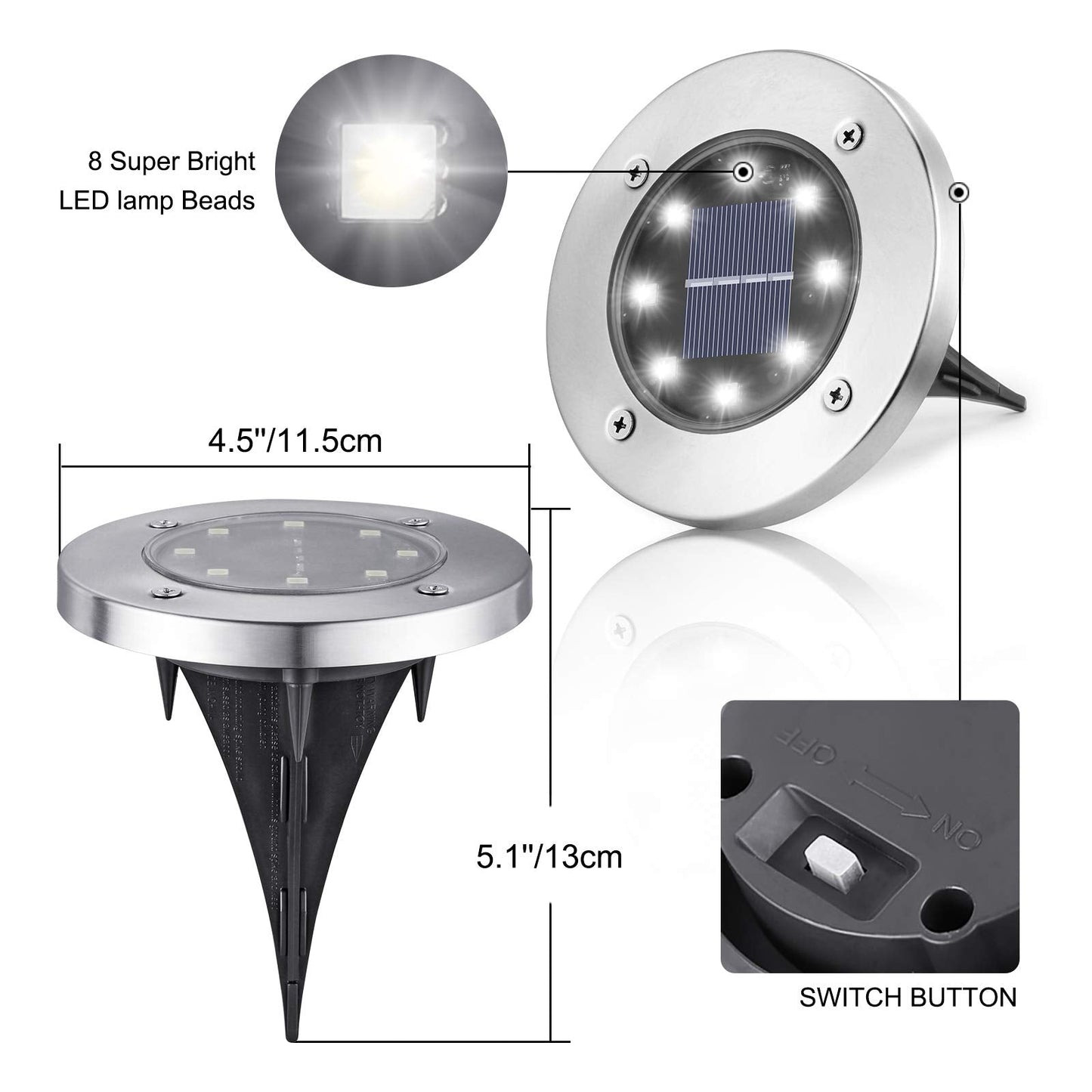 LYHOPE Solar Ground Lights Outdoor, 8 Pack 8 LED Solar Disk Lights Waterproof Garden In-ground Pathway Light Landscape Lighting for Lawn,Yard,Deck,Patio,Walkway (White)