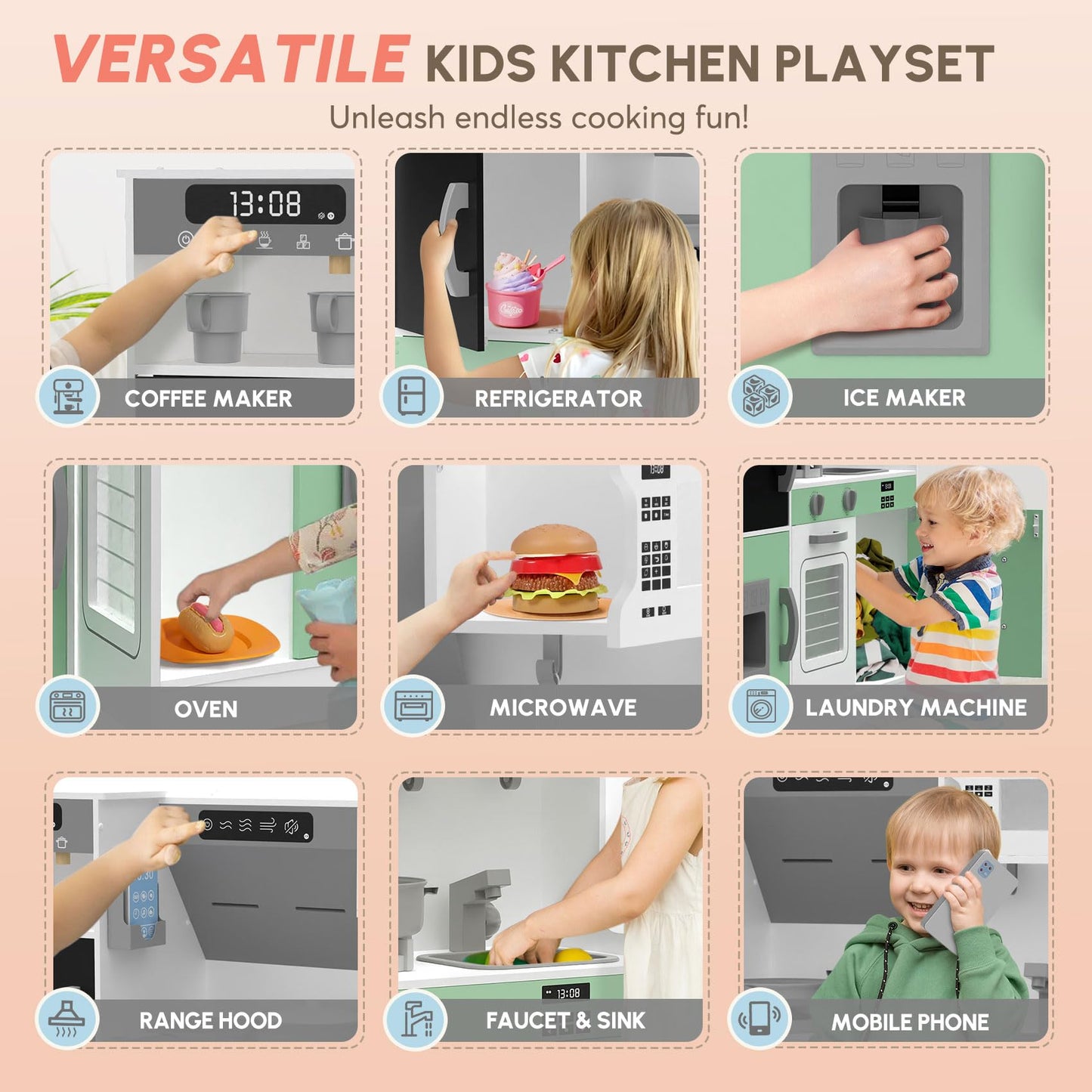 BIERUM Play Kitchen with Realistic Lights & Sounds, Wooden Kitchen Playset with 28 Pcs Toy Food & Cookware Accessories, Toy Kitchen with Plenty of Play Features, Idea Gift for Boys and Girls Ages 3+