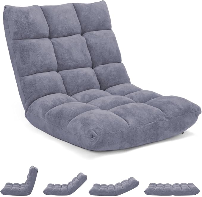 MAT EXPERT Floor Chair with Back Support, Floor Gaming Chair w/ 14 Adjustable Position,Soft Coral Fleece&Alloy Steel Frame, Foldable Floor Seat,Padded Lazy Couch Recliner for Meditating (Gray)