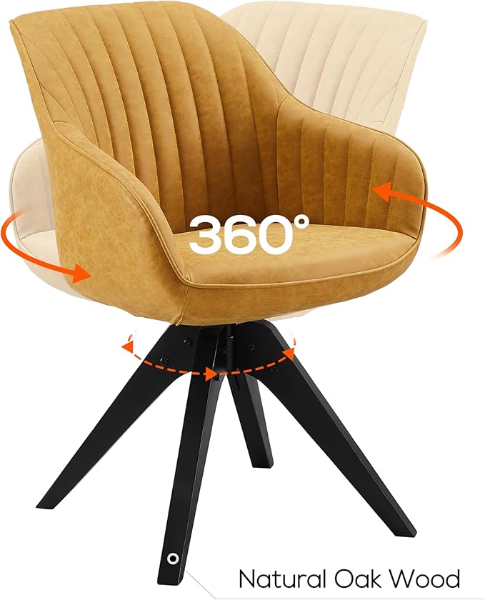 Art Leon Dining Chair, Mid Century Modern Faux Leather Upholstered Swivel Dining Room Chair with Wood Legs, Leisure Side Chair with Arms for Living Room, Yellow Brown