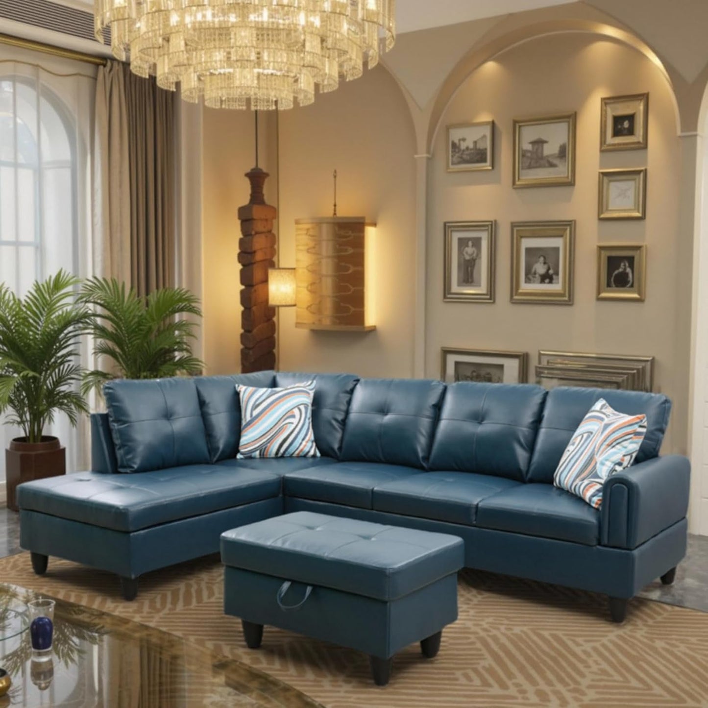 Trygoal L Shaped Couch Sectional Couches with Chaise and Storage Ottoman, 3 Pieces Modular Convertible Sofa for Living Room Furniture Sets and Small Apartment Faux Leather, Grey Blue