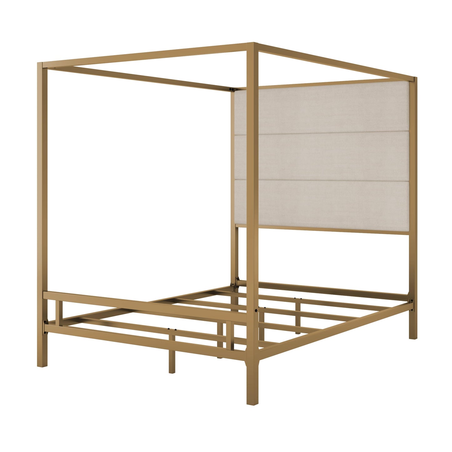 Merax Queen Size Gold Metal Canopy Bed Frame, 76.5" Tall Linen Upholstered Headboard, 4-Poster Bed with 800 lbs Capacity, Box Spring Required for Bedroom, Gold+Tan