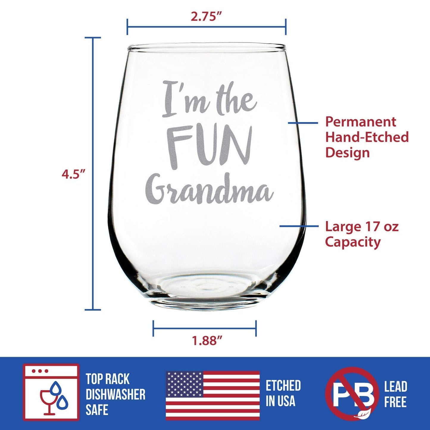 Fun Grandma – Funny Stemless Wine Glass, Large 17 Ounce Size, Etched Sayings, Gift Box