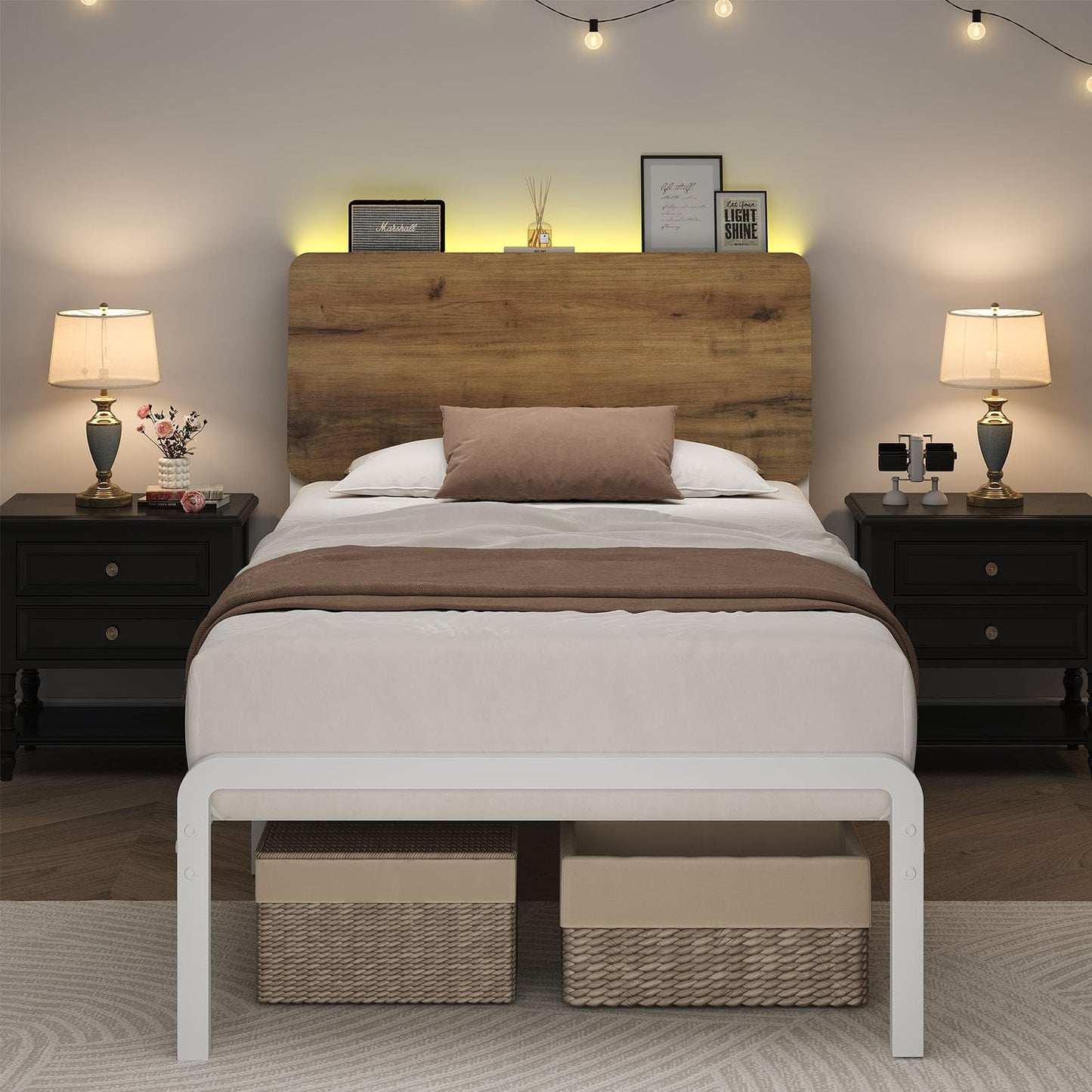 MaverickFurni Twin Bed Frame, LED Bed Frame with Storage Headboard, Metal Platform Bed Twin Size, Heavy Duty Metal Slats, No Box Spring Needed, Easy Assembly, White and Walnut