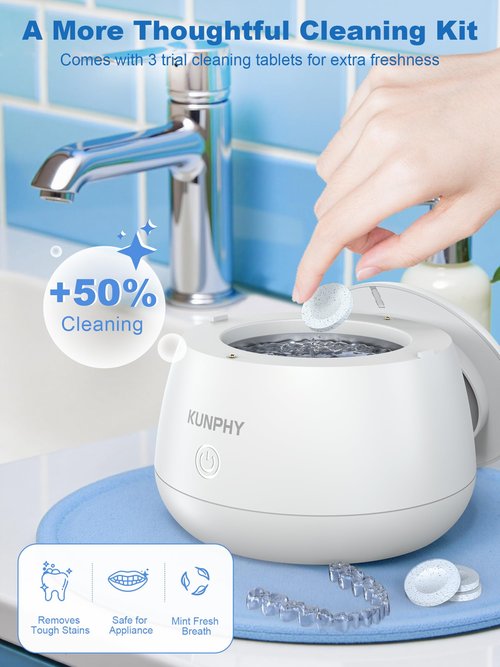 KUNPHY Dental Cleaner | Ultrasonic Retainer Cleaner Machine | 48kHz Dental Cleaning Pod | Aligner, Nightguard, Mouth Guard, Denture | Oral Dental Care | UV Cleaner with Retainer Tablets | White