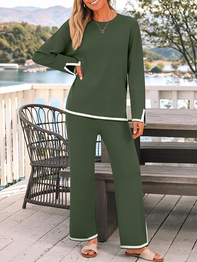 LILLUSORY Women Fall 2 Piece Lounge Set Outfits Sweatsuits Long Sleeve Sweater Tops Wide Leg Pants