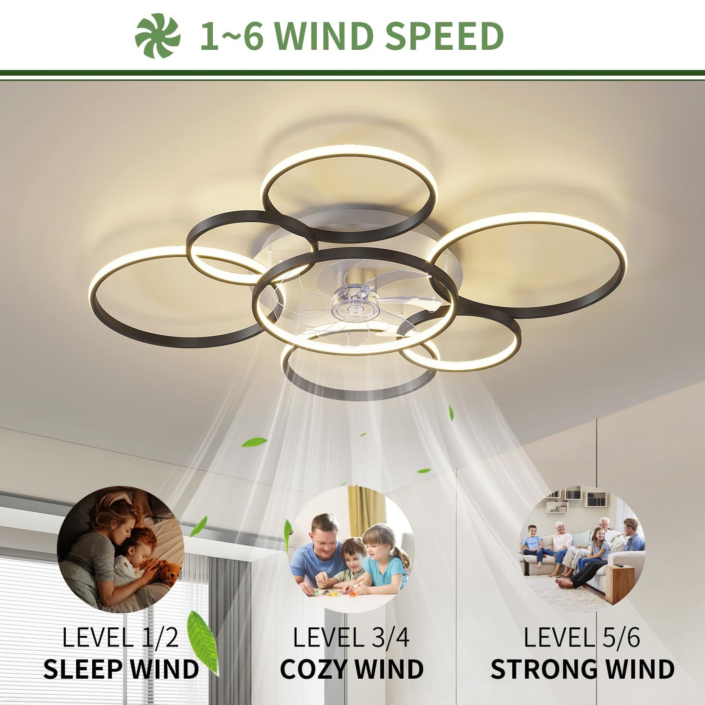 AVLRM 41" Modern Ceiling Fan with Lights, Flush Mount Ceiling Fan with Tri-Color Light 6-Speed Wind, Low Profile Ceiling Fans with Led Light and Remote Control for Living Room Bedroom Dining Room