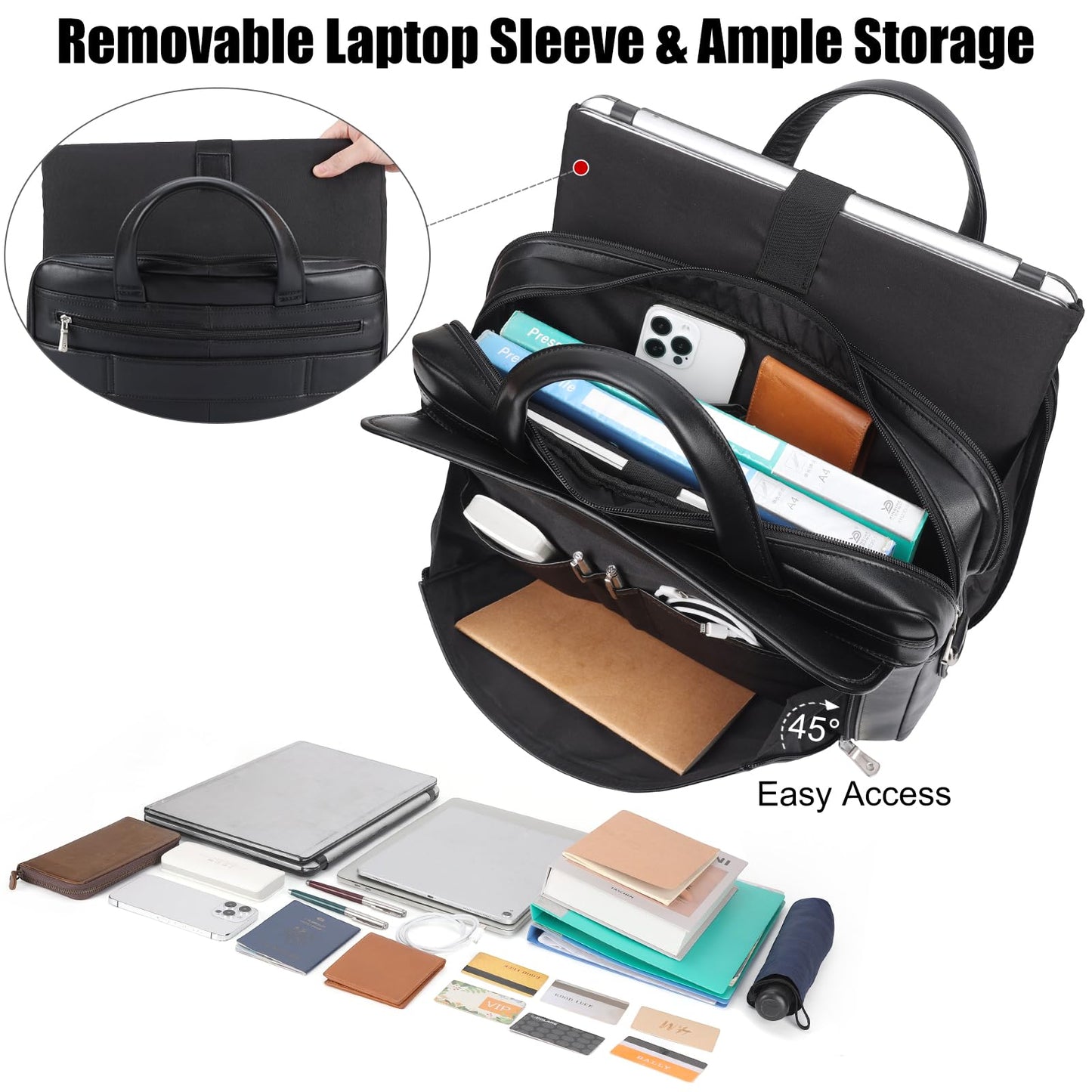 Masa Kawa Black Leather Briefcase for Men 15.6 Inch Laptop Computer Messenger Crossbody Shoulder Bag Business Travel Work Lawyer Teacher Brief Attache Case