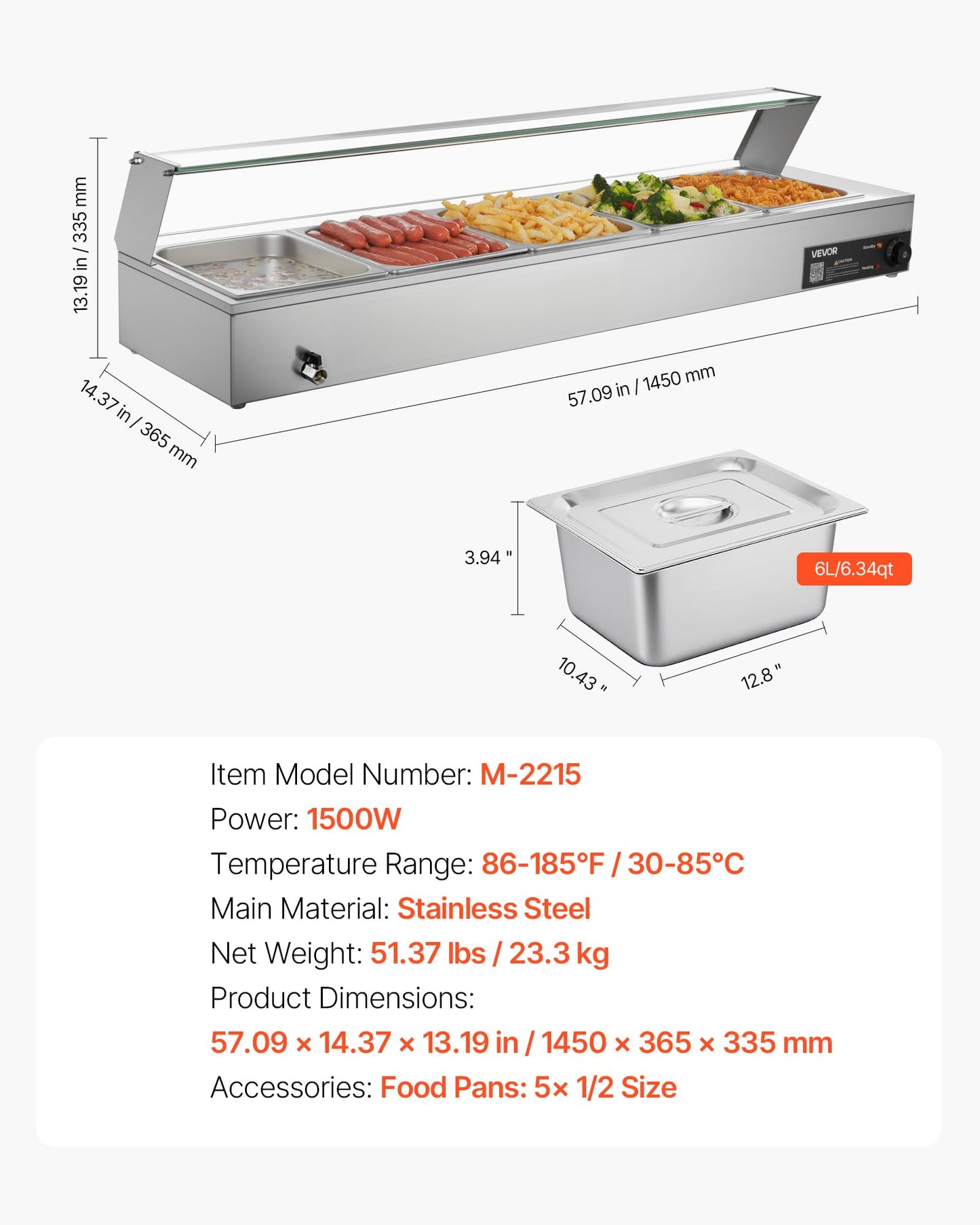 VEVOR Commercial Food Warmer, 1500W Electric Stainless Steel Steam Food Warmer with Glass Cover, Countertop Buffet Bain Marie with Five 1/2 Size Food Pans, for Catering, Restaurant, Party & Buffets