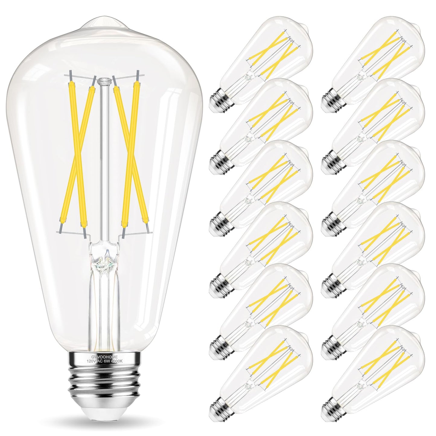 GvvooHome Edison Bulbs 60 watt Equivalent LED, E26 LED Bulb Non-Dimmable, 4000K Daylight White, ST58 Vintage Light Bulbs, 90+ CRI, 6W 600LM, E26 Medium Base, Clear Glass, 12 Pack