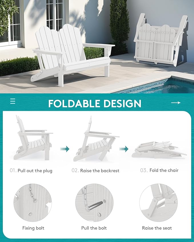 SERWALL Folding Adirondack Bench, HDPE All-Weather Adirondack Loveseat, 660 lbs Capacity, Foldable Outdoor Patio Bench for Deck, Lawn, Garden, White