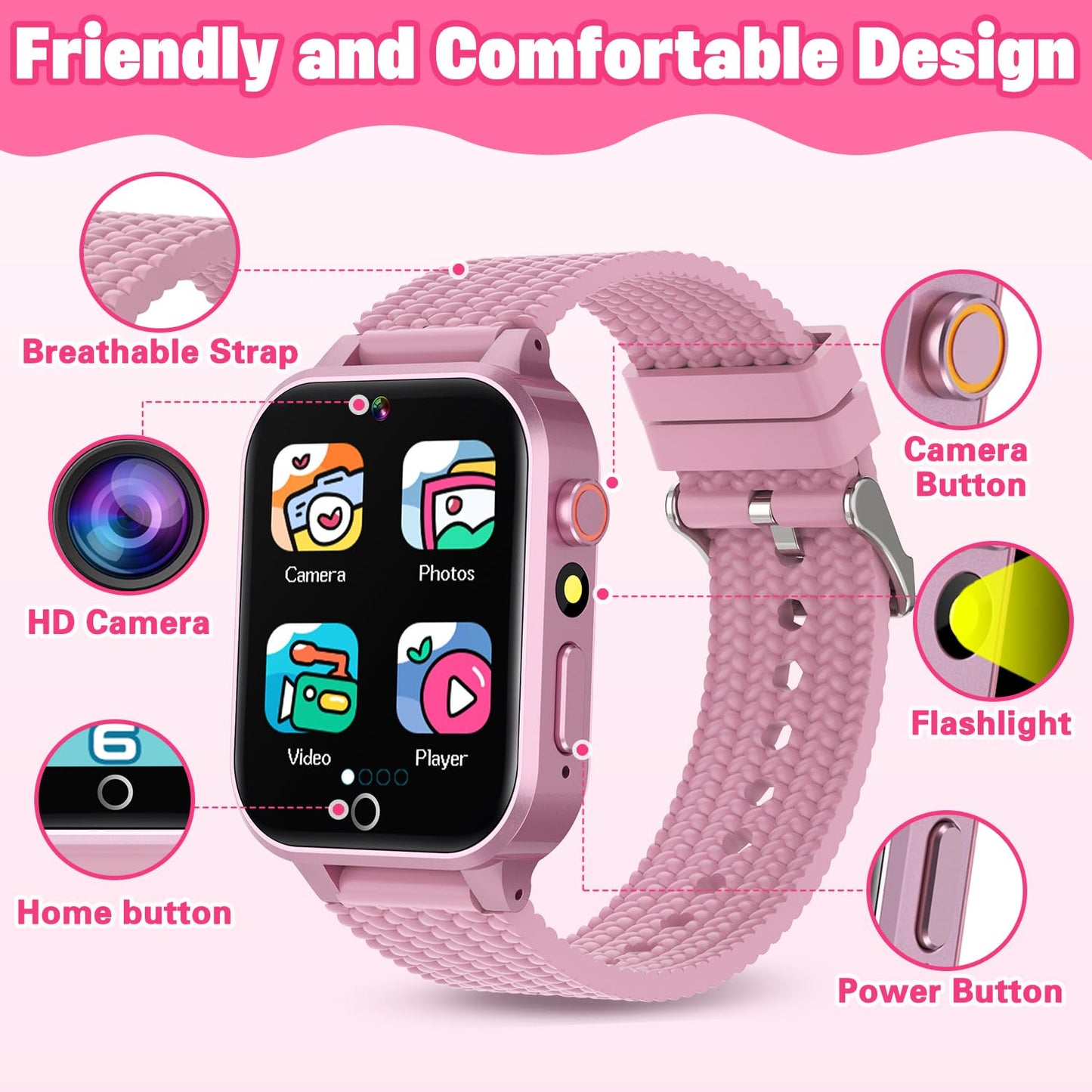 Kids Smart Watch for Girls Age 5-12, Kids Watch with 26 Games, Camera Music Player Pedometer Habit Tracking HD Touchscreen Flashlight Smart Watch for Kids Birthday Gifts for Girls Ages 6 7 8 9 (Pink)